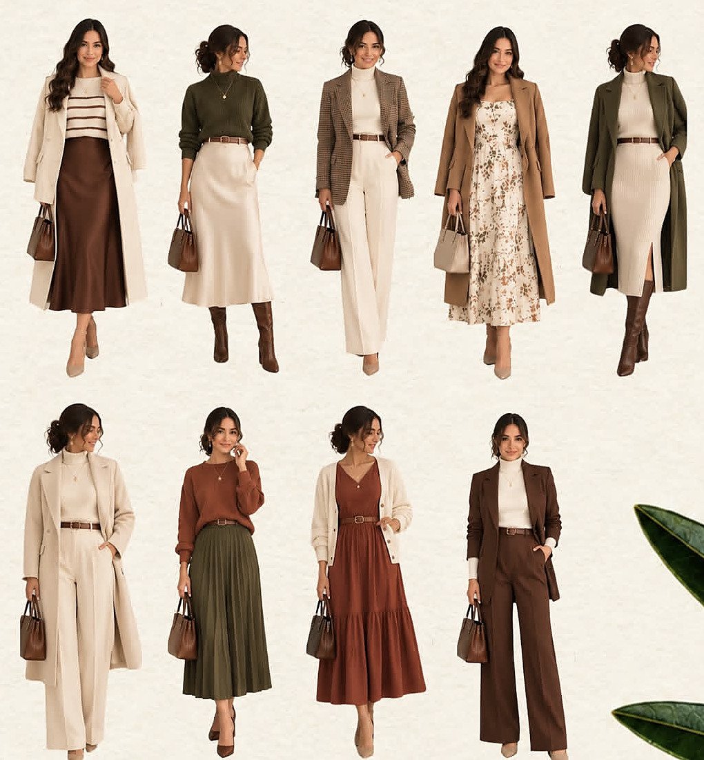Nove sugestões de looks em creme, terracota, oliva, marrom e dourado